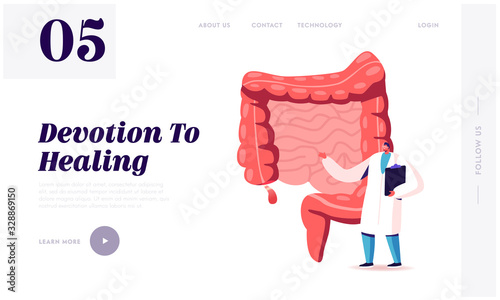 Abdominal Pain, Gastrointestinal System Disease Landing Page Template. Doctor or Medical Teacher Character Stand at Human Intestines with Sore Appendix Infographics. Cartoon Vector Illustration