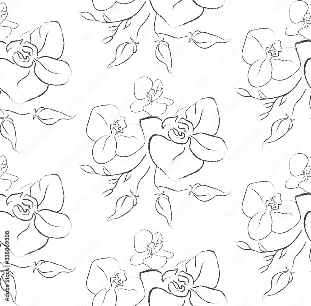 Fototapeta premium Vector Hand Drawn Line Drawing Doodle Floral Seamless Pattern with Wildflowers, Plants, Branches, Leaves, orchid flower. Design Elements Illustration. Branding. Swatch