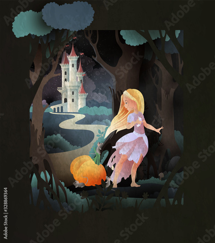 Cinderella holding shoe in hand with pumpkin and mice in front of night forest and castle. Fairy tale illustration.