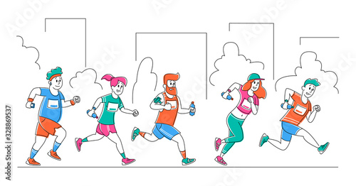 Group of People Running City Marathon Distance in Row. Sport and Jogging Competition Tournament. Athlete Sprinter Sportsmen and Sportswomen Characters Run Sprint Race. Linear Vector Illustration
