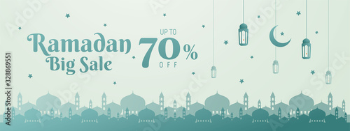 Ramadan sale banner with landscape mosque, lantern, moon, and stars. Islamic background. Flat design. Vector Illustration.