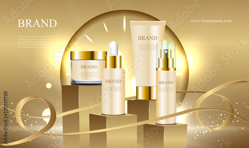 Golden podium for ads cosmetic collection with ribbon and 3d packaging illustration