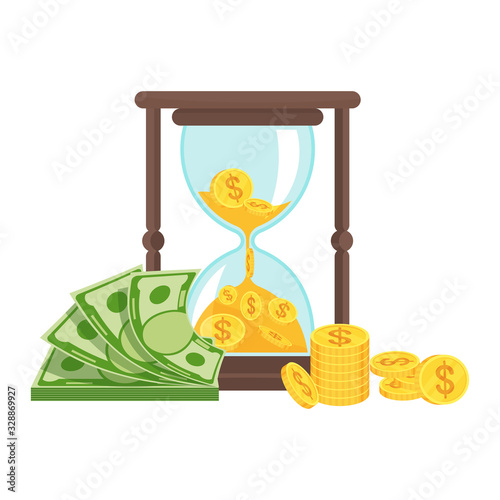 Money and hourglass. Business metaphor. Time is money concept.