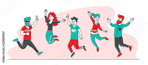 Friendship, Healthy Lifestyle, Success Concept. Group of Cheerful Happy People Jumping and Rejoice with Hands Up on White Background. Corporate Team Characters, Friends. Linear Vector Illustration
