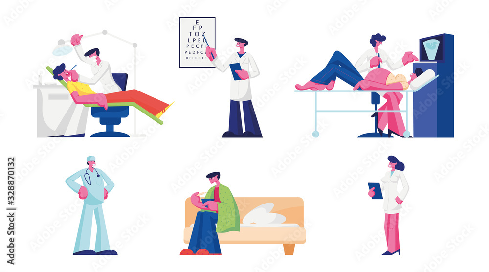 Set of Doctors and Patients Characters Isolated on White Background. Sick People Visiting Hospital for Oculist Appointment, Dentist Treatment, Pregnant Woman on Ultrasound. Cartoon Vector Illustration