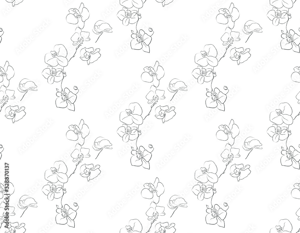 Vector Hand Drawn Line Drawing Doodle Floral Seamless Pattern with Wildflowers, Plants, Branches, Leaves, orchid flowers. Design Elements Illustration. Branding. Swatch