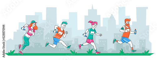 Group of Diverse People in Sports Wear Running City Marathon on Cityscape Background. Summertime Outdoor Sport Activity. Sportsmen Characters Healthy Jogging Lifestyle. Vector Linear Illustration