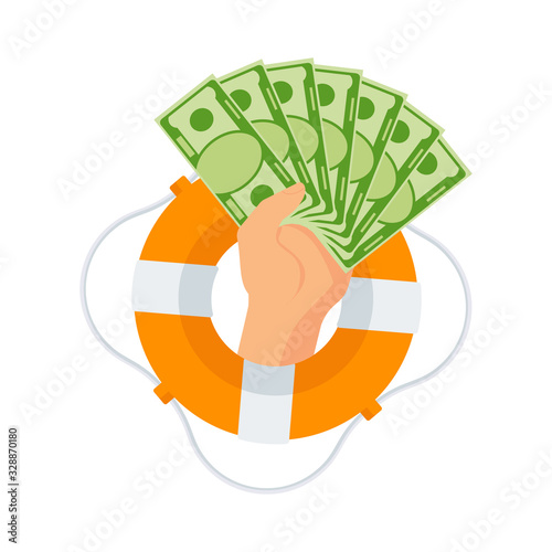 Hand with bag of money protrudes from life buoy.