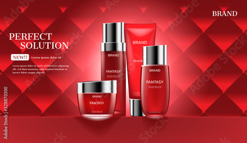 Cosmetic products on red coach with glowing light