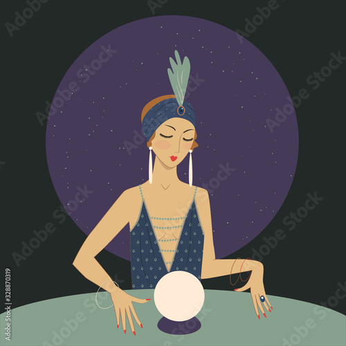 Spiritual girl with crystal ball is guessing. 1920s style illustration