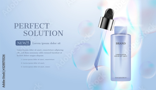 Glowing light beam with cosmetic cream and rainbow bubbles
