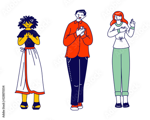Diverse People Group Stand in Row Holding Palm on Heart Expressing Integrity and Honesty. Young Male and Female Characters Telling Truth, Swear in Fairness and Probity. Linear Vector Illustration