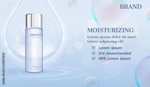 Moisturizer with big water drop and bubbles background
