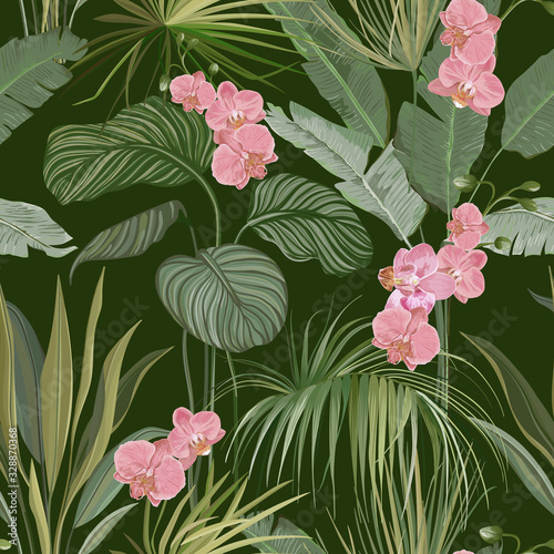 Seamless Floral Tropical Print with Exotic Flowers and Orchid Blossoms, Nature Ornament for Textile or Wrapping Paper. Jungle Leaves on Deep Green Background, Rainforest Plants. Vector Illustration