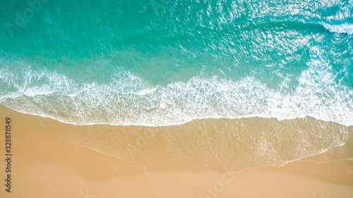 Top view aerial image from drone of an stunning beautiful sea landscape beach with turquoise water with copy space for your text.Beautiful Sand beach with turquoise water,aerial UAV drone shot