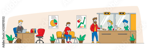 Woman Character Look at Wrist Watch Waiting in Bank Office with Workers and Clients. Man Customer Stand at Glass Window Changing Money. Banking Service People Visiting Bank. Linear Vector Illustration