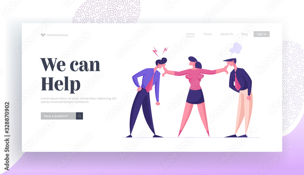 Business Competition for Leadership, Challenge Different Point of View Landing Page Template. Businesswoman Mediator Trying to Stop Arguing Businessmen Characters. Cartoon People Vector Illustration Business Competition for Leadership, Challenge Different Point of View Landing Page Template. Businesswoman Mediator Trying to Stop Arguing Businessmen Characters. Cartoon People Vector Illustration