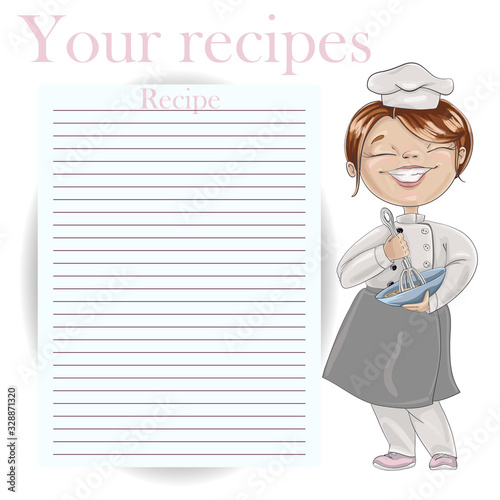 Chef in a cook hat holds a whisk and bowl. Girl kneads dough. Vector illustration. Recipe card template for cookbook
