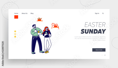 Man and Woman Characters Painting Eggs for Easter Celebration Landing Page Template. Happy People Prepare for Spring Holiday. Creative Activity, Fun, Christian Tradition. Linear Vector Illustration