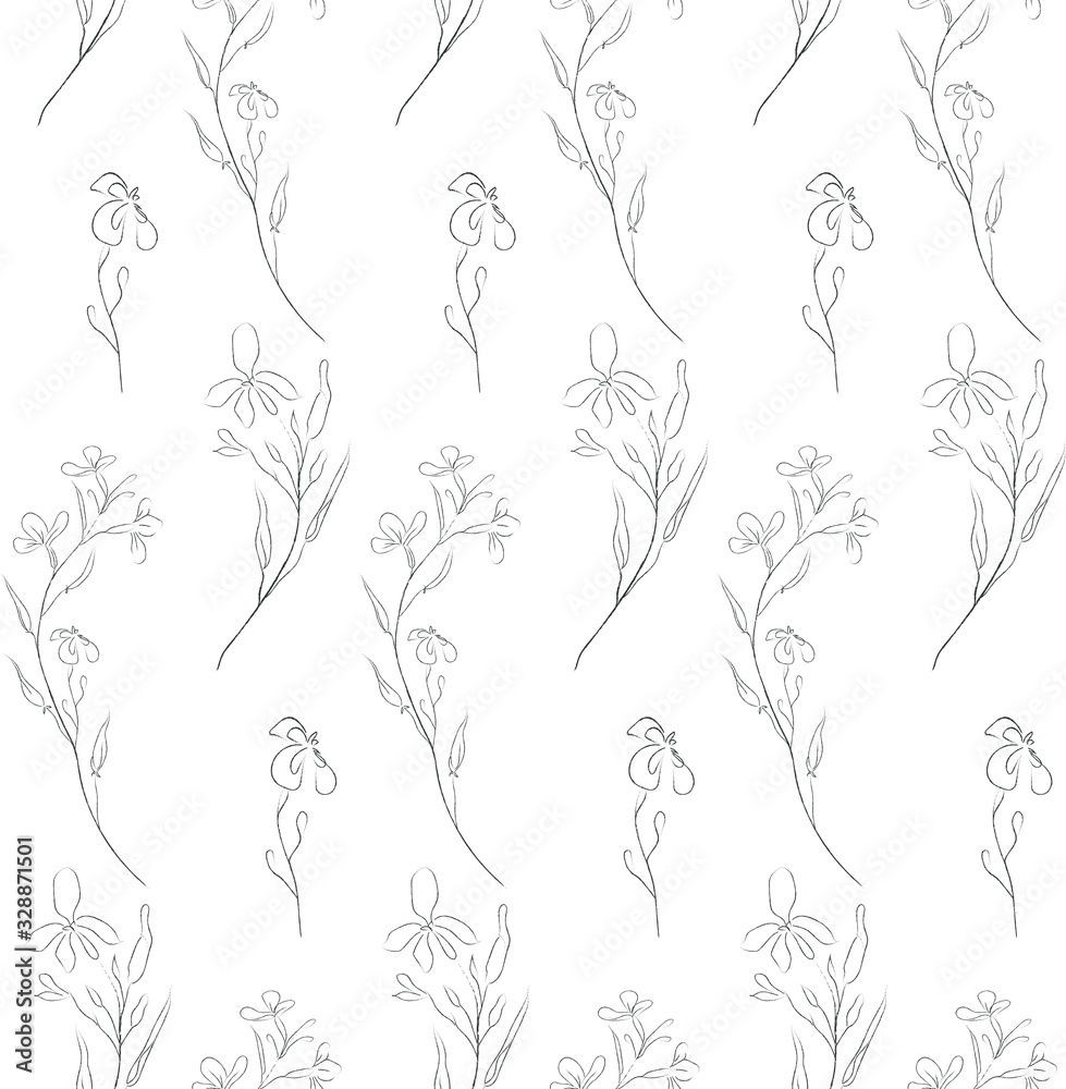 Fototapeta premium Vector Hand Drawn Line Drawing Doodle Floral Seamless Pattern with Wildflowers, Plants, Branches, Leaves. Design Elements Illustration. Branding. Swatch