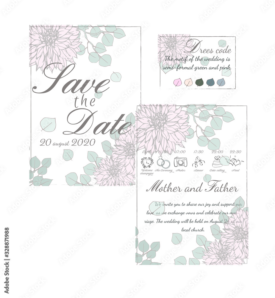 Wedding floral invitation, save the date card, dress code card and plan of wedding day: dahlia, eucalyptus branches on craft background with frame. Elegant rustic template.