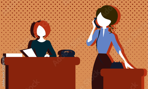 Two cartoon faceless woman in the vintage office