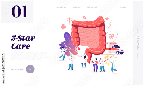 Appendix Pain, Appendicitis Disease Landing Page Template. Doctor Surgeon Character Help People with Abdominal Pain and Intestines Symptoms. Emergency Ambulance, Surgery. Cartoon Vector Illustration