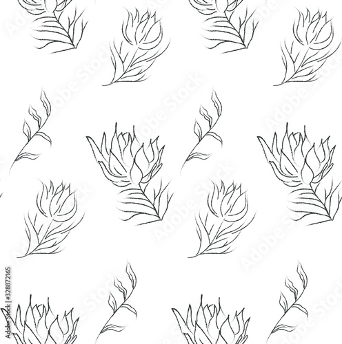 Vector Hand Drawn Line Drawing Doodle Floral Seamless Pattern with Wildflower...