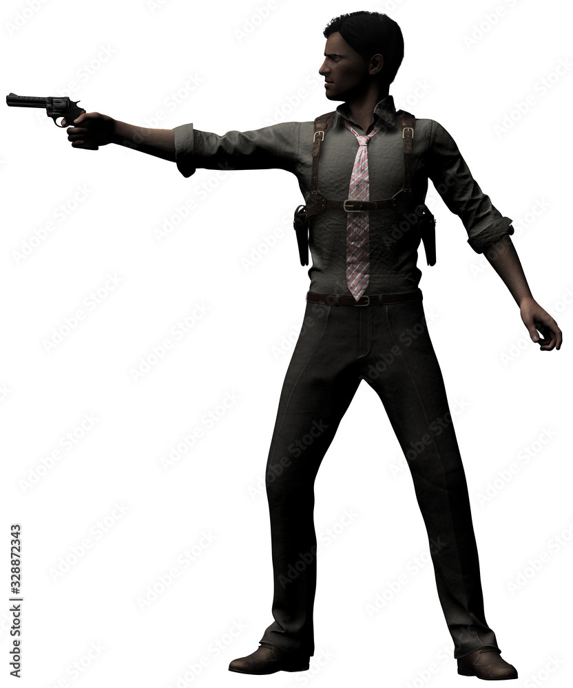 Standing Detective Aiming with Gun 3-D-Illustration (White Background) Standing Detective Aiming with Gun 3-D-Illustration (White Background)