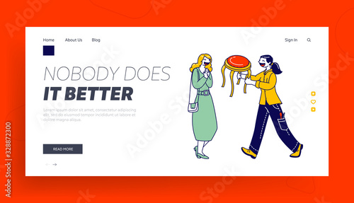 Restoration and Modernization Works Landing Page Template. Happy Woman Designer Character Giving Renovated Stool to Grateful Customer. People Engaged Creative Service. Linear Vector Illustration