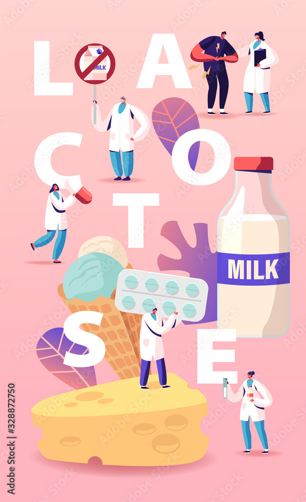 Lactose Intolerance Concept. Man Feel Bad in Stomach Visit Hospital for Treatment. Dairy Products Intolerant Character and Doctors. Health Care Poster Banner Flyer. Cartoon People Vector Illustration