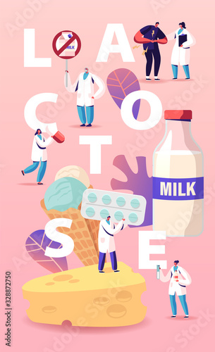 Lactose Intolerance Concept. Man Feel Bad in Stomach Visit Hospital for Treatment. Dairy Products Intolerant Character and Doctors. Health Care Poster Banner Flyer. Cartoon People Vector Illustration