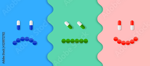 Medicine arranged as sad, straight and smiling faces depicting different emotions, moods and feelings. Abstract pharmaceutical medicine and medical treatment concept.