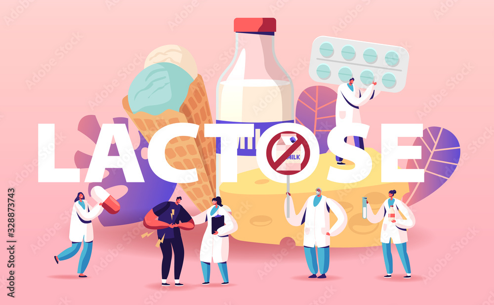 Lactose Intolerance Concept. Man Feel Bad in Stomach Visit Hospital for Treatment. Dairy Products Intolerant Character and Doctors. Health Care Poster Banner Flyer. Cartoon People Vector Illustration Lactose Intolerance Concept. Man Feel Bad in Stomach Visit Hospital for Treatment. Dairy Products Intolerant Character and Doctors. Health Care Poster Banner Flyer. Cartoon People Vector Illustration