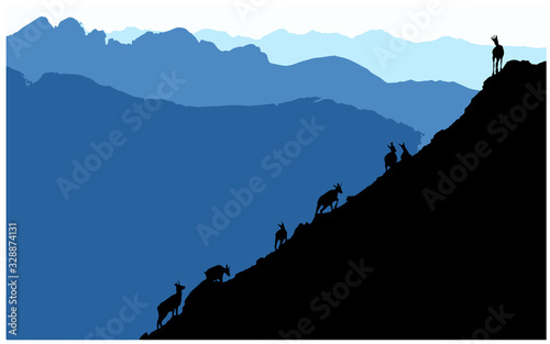 Black silhouettes of chamois climbing uphill, mountains in the background. Illustration.