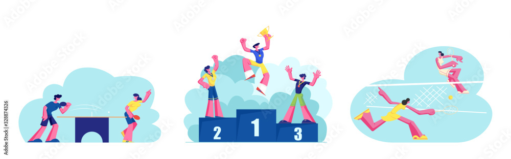 Set of People Active Sport Life. Girls Playing Big Tennis on Court. Male and Female Characters Ping Pong Competition. Happy Athletes on Winners Podium with Medals and Cup. Cartoon Vector Illustration