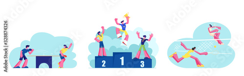 Set of People Active Sport Life. Girls Playing Big Tennis on Court. Male and Female Characters Ping Pong Competition. Happy Athletes on Winners Podium with Medals and Cup. Cartoon Vector Illustration