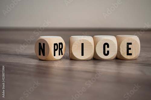 Cubes and dice with message Nice Price on wooden floor