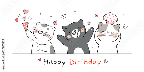 Draw banner cute cat for happy birthday.