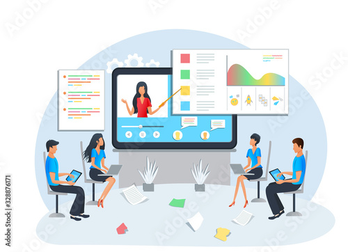 Vector illustration, flat style - online education, business training, workshop, presentation - training of office staff, students watching video tutorial, webinar, podcast. Teacher on computer screen