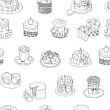 Easter cakes baking for the holiday. Contour elements are drawn by hand in ink on a white background. Seamless vector pattern for bright easter decoration. Baking, candles, eggs.