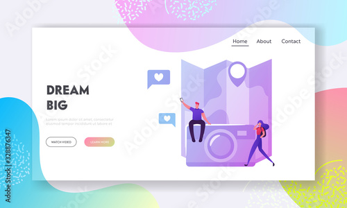 Travelers Using Smartphone Application Landing Page Template. Young Man and Woman Booking Hotel or Reserve Airplane Tickets Online, Characters near Huge Photo Camera. Cartoon Vector Illustration
