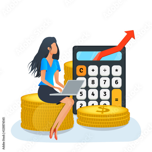 Vector illustration of financial consultant with laptop on a stack of coins, virtual business assistant, successful investor, return on investment, mutual fund, money saving. Financial consulting