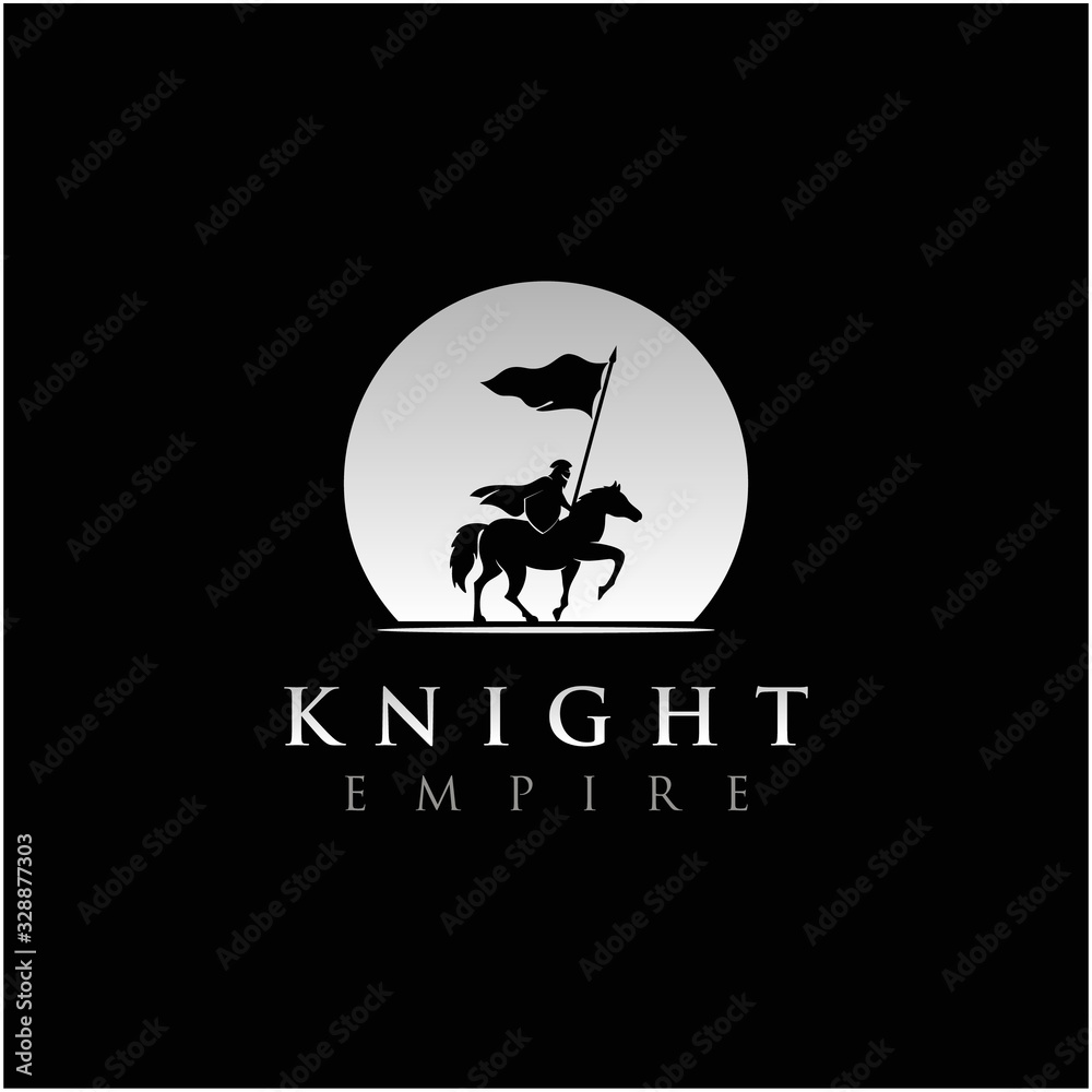 Horseback Knight Silhouette logo, Horse Warrior Paladin Medieval logo design illustration