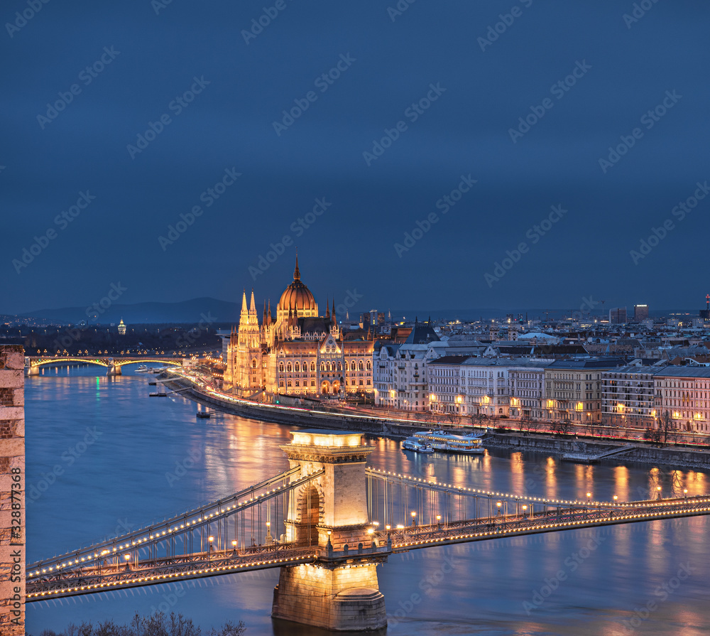 Amazing Chain Bridge with the Parliament in Budapest, Hungary