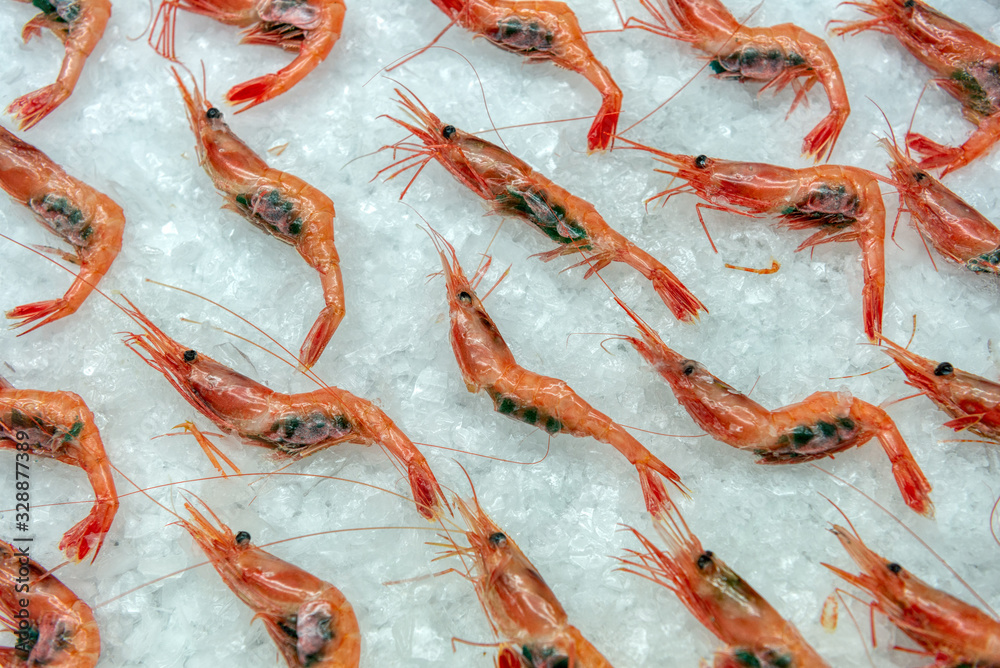 Boiled sea prawns lie on ice. Shrimps are laid out one at a time in a refrigerated display case.
