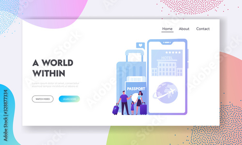 Tourist App Service, Digital Technologies Landing Page Template. Happy Family Mother, Father and Child Characters Booking Tickets and Hotel Using Mobile Application. Cartoon People Vector Illustration