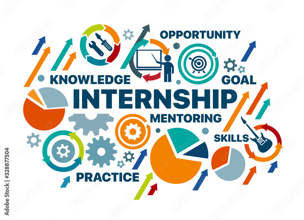 internship concept. vector illustration banner with keywords and icons