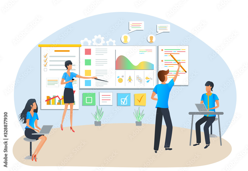 Vector concept of agile project management. Scrum task board. Team analyzing software development process. Business people and manager studying company analytics. Project planning and management..
