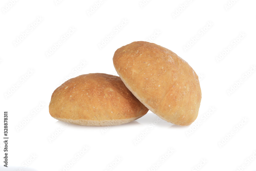 closeup of two ciabatta bread rolls on white